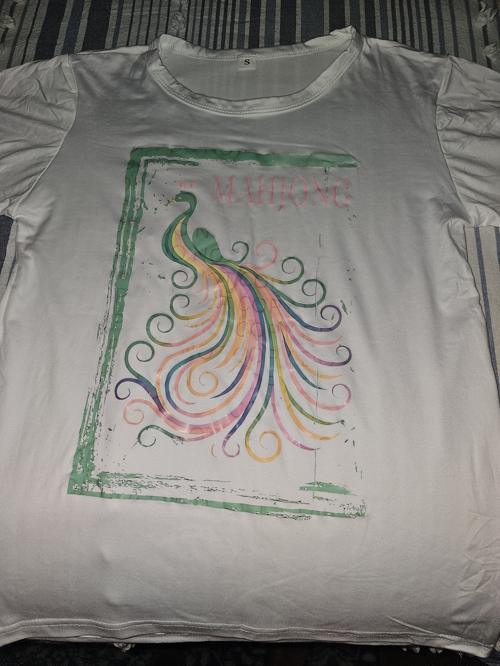 White Mahjong Graphic Tee with Colorful Peacock Design